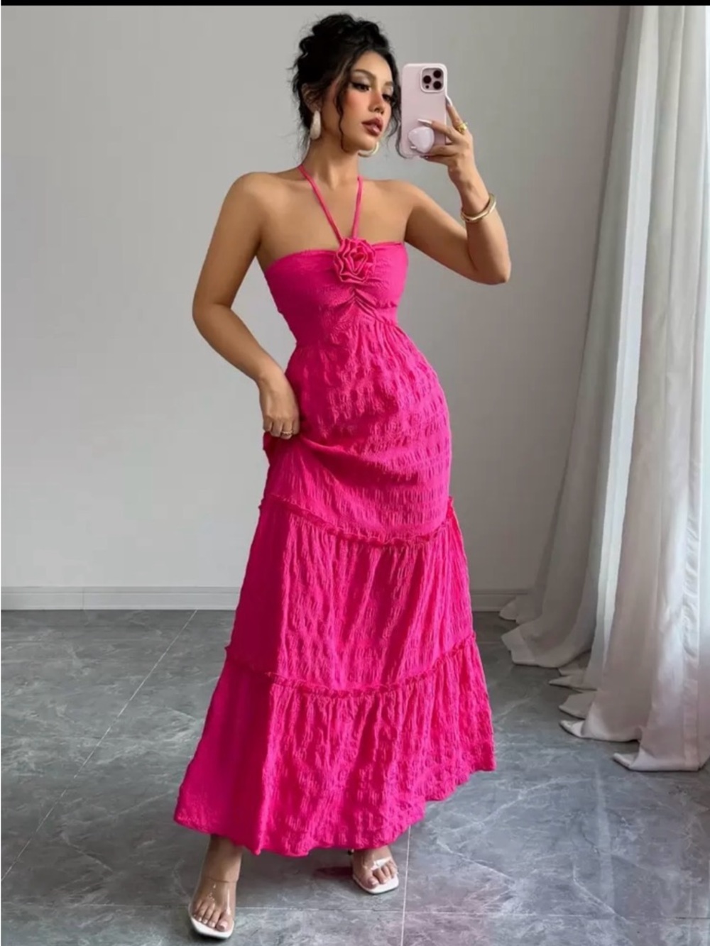 Hot Pink Halter Maxi Dress with Floral Detail